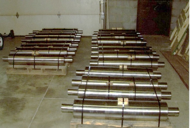 Steel mill rollers bundled on pallets
